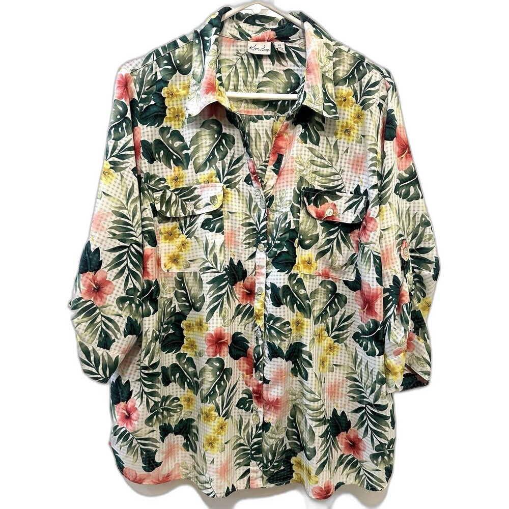 Oversized Multicolor Tropical Floral Palm Print Button-Up Top 3X Kim Rogers